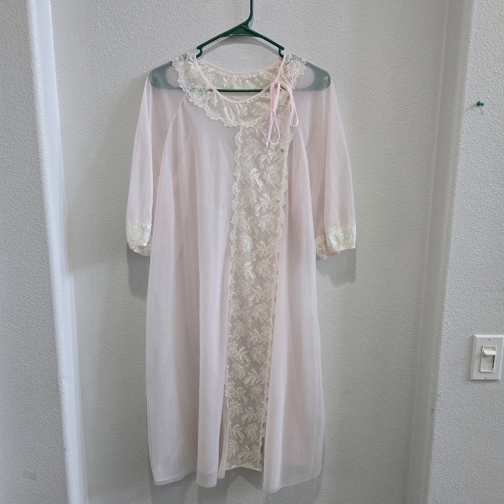 Vintage nightgown, sheer pink with white lace trim and tie neck. size medium
